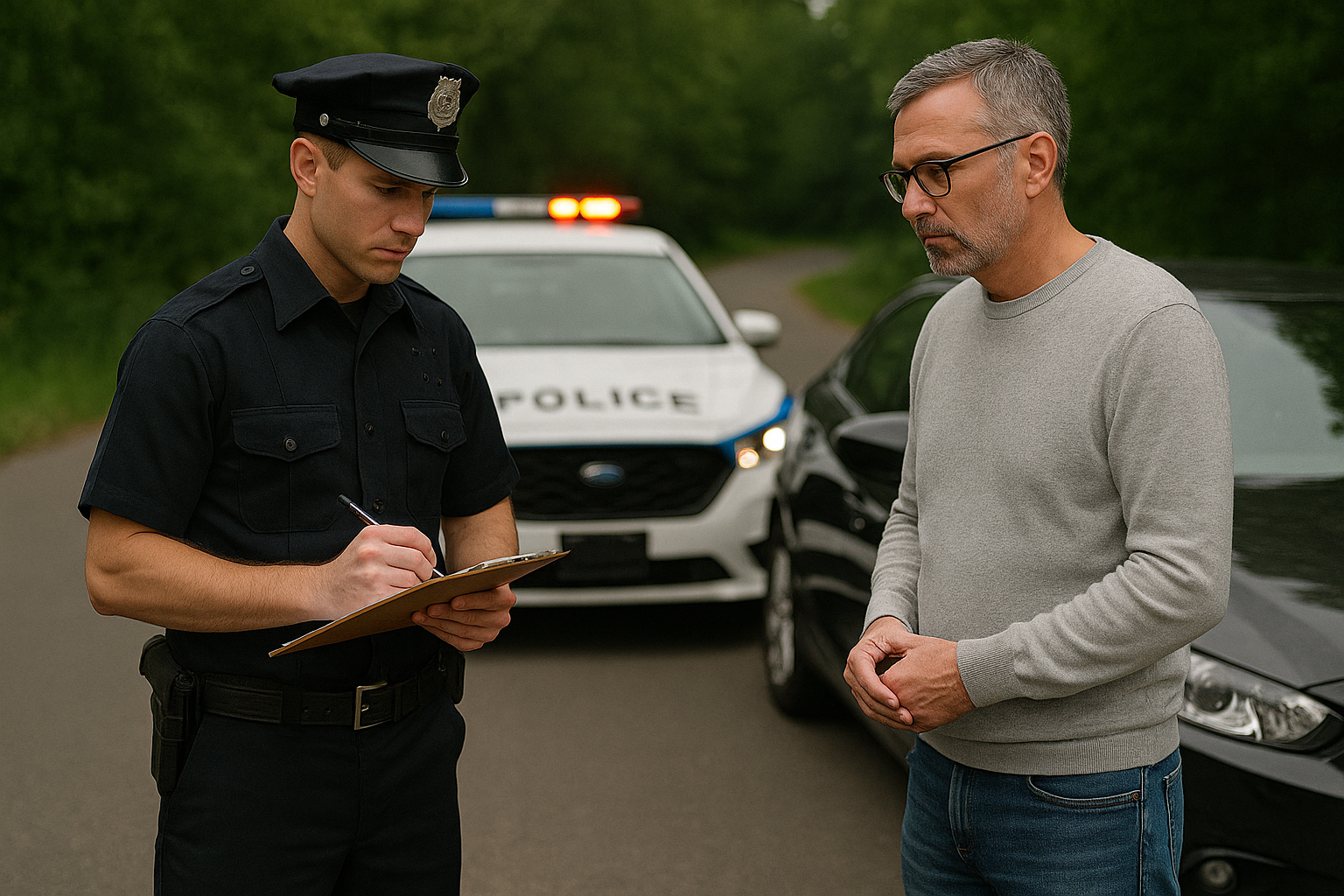 Police officer writing a report on a clipboard while speaking with a driver beside a police car and vehicle on a Michigan roadway, representing scenarios affected by auto insurance reform.