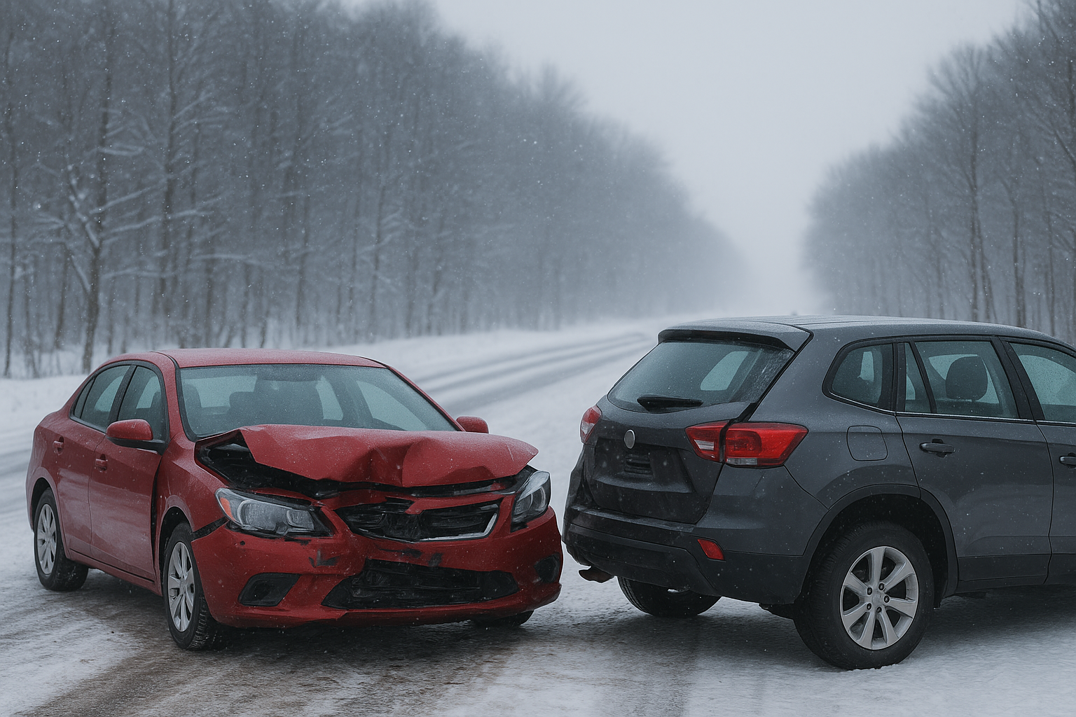 Two vehicles involved in a rear-end collision on a snow-covered Michigan highway during winter, representing the hazards of icy roads and the need for legal help after a car accident.