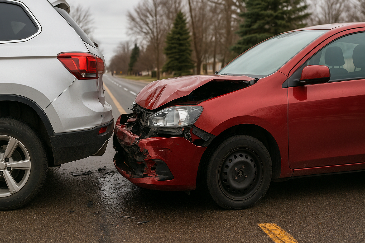 Red car with front-end damage after a rear-end collision on a Michigan roadway, representing the importance of uninsured and underinsured motorist coverage.