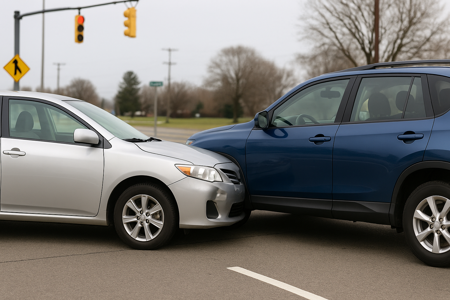 Blue SUV and silver sedan involved in a light side-impact collision at a Michigan intersection, representing minor vehicle accidents covered by Michigan no-fault insurance.
