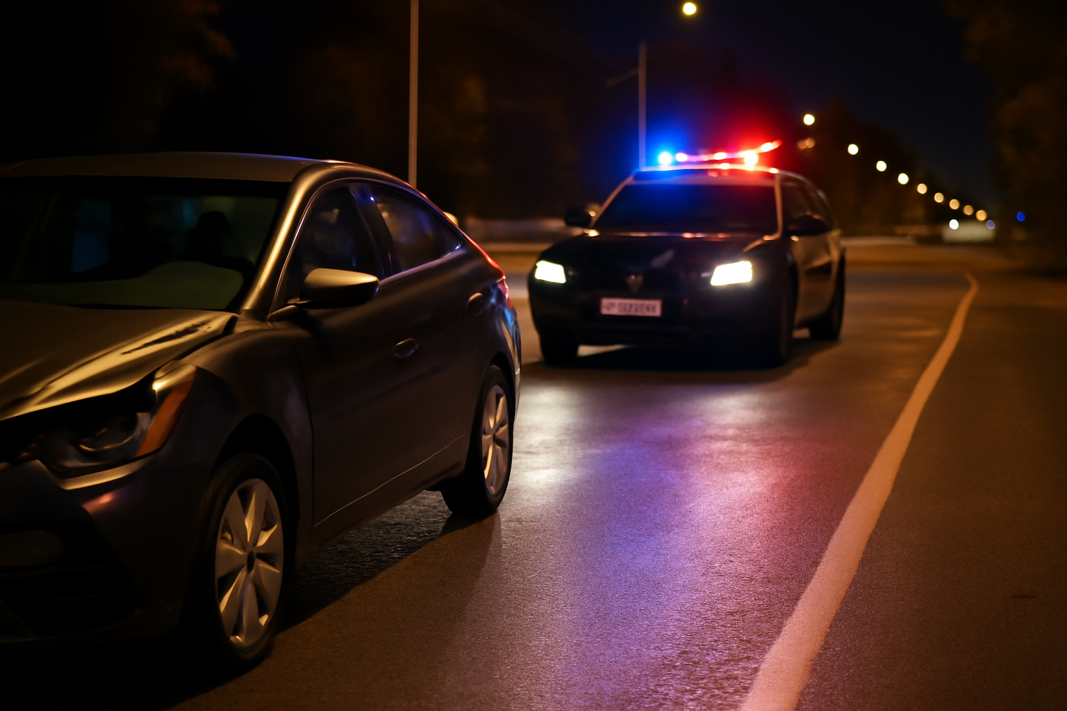 Car accident on a Michigan highway at night with a damaged sedan and a police car with flashing lights, illustrating a typical response to serious accidents like drunk driving incidents.