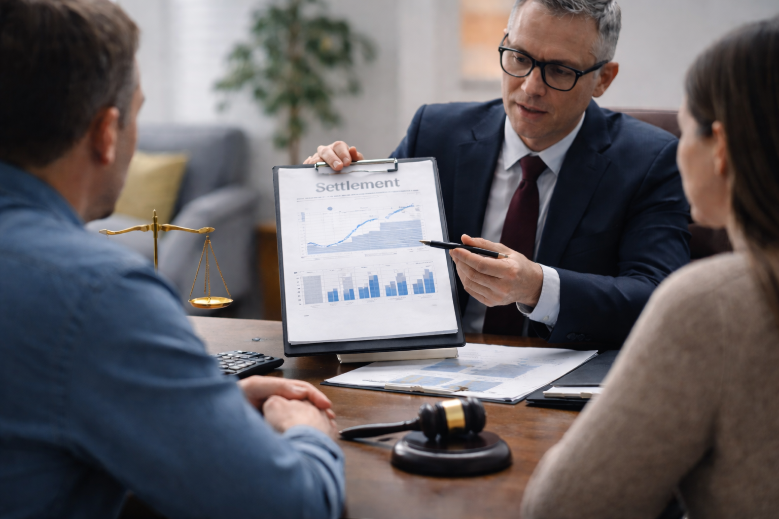 Michigan accident attorney meeting with clients to discuss the potential value of a personal injury case.