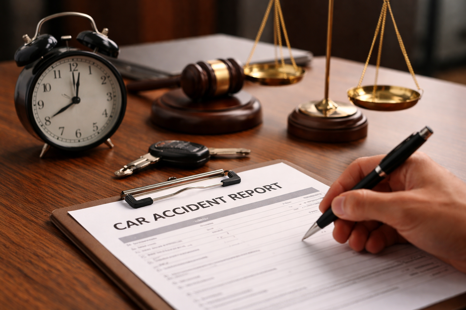 Car accident report and clock on a desk representing legal deadlines for filing a car accident case in Michigan.