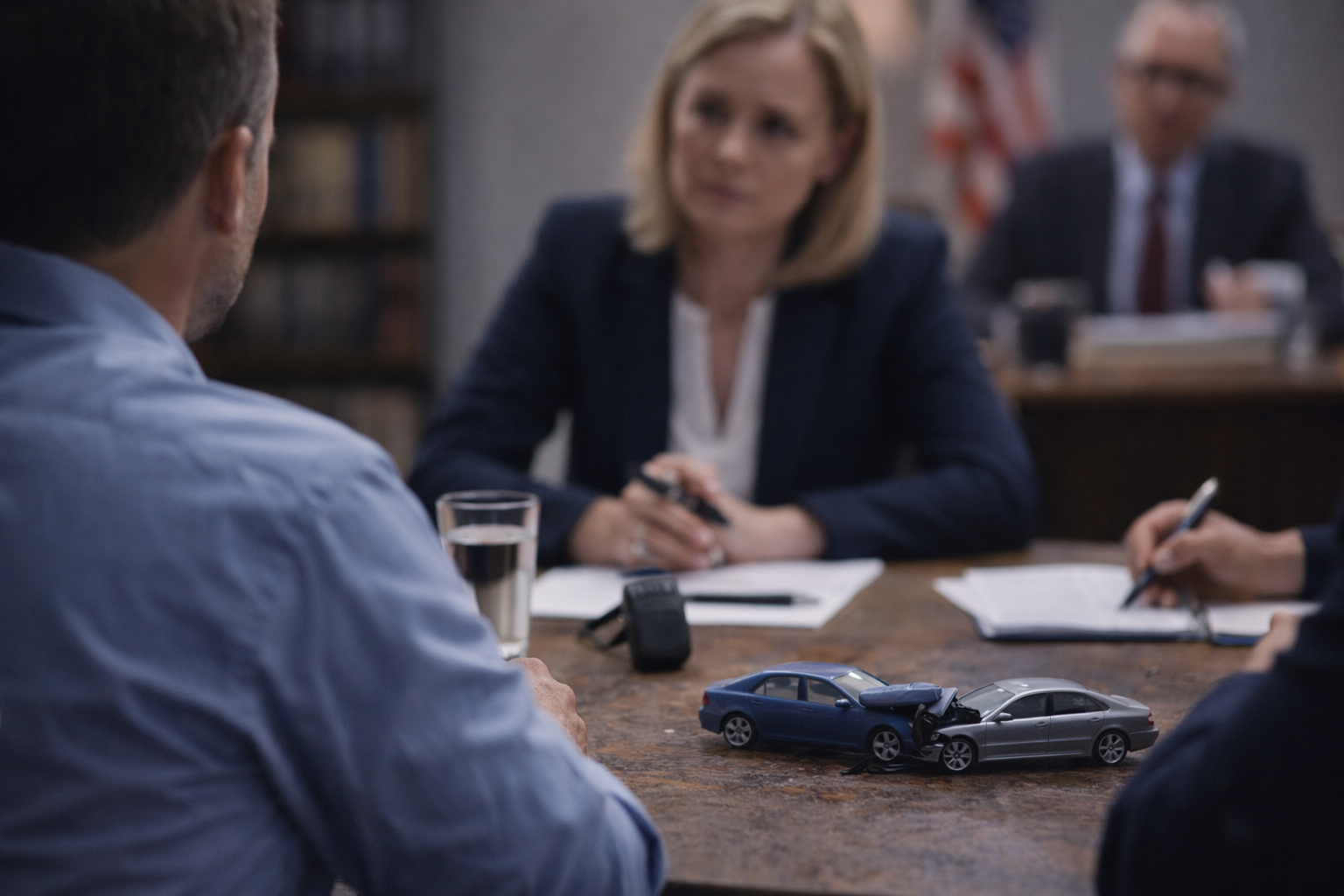 Auto accident deposition meeting in Michigan with attorneys questioning a driver during a legal proceeding.