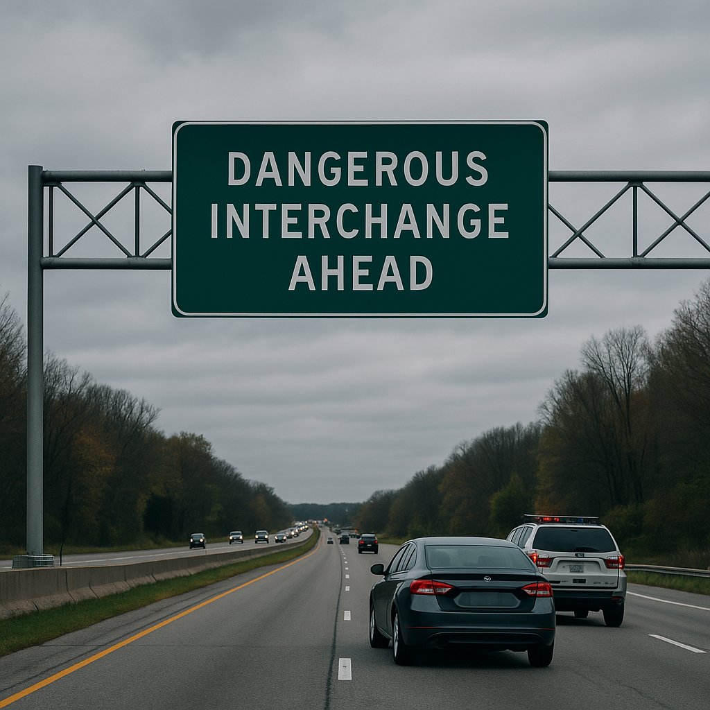 Cars driving on a Michigan highway with a police vehicle nearby, representing hazardous routes and high-risk roadways across the state.
