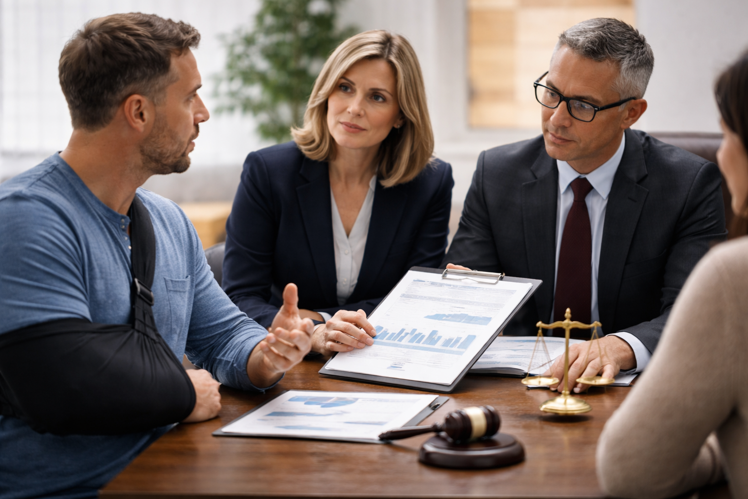 Injured client meeting with attorneys to discuss pain and suffering damages in a Michigan injury case.