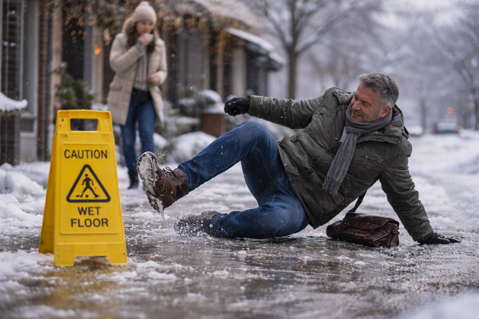 Person slipping on an icy Michigan sidewalk during winter conditions representing a slip and fall accident.
