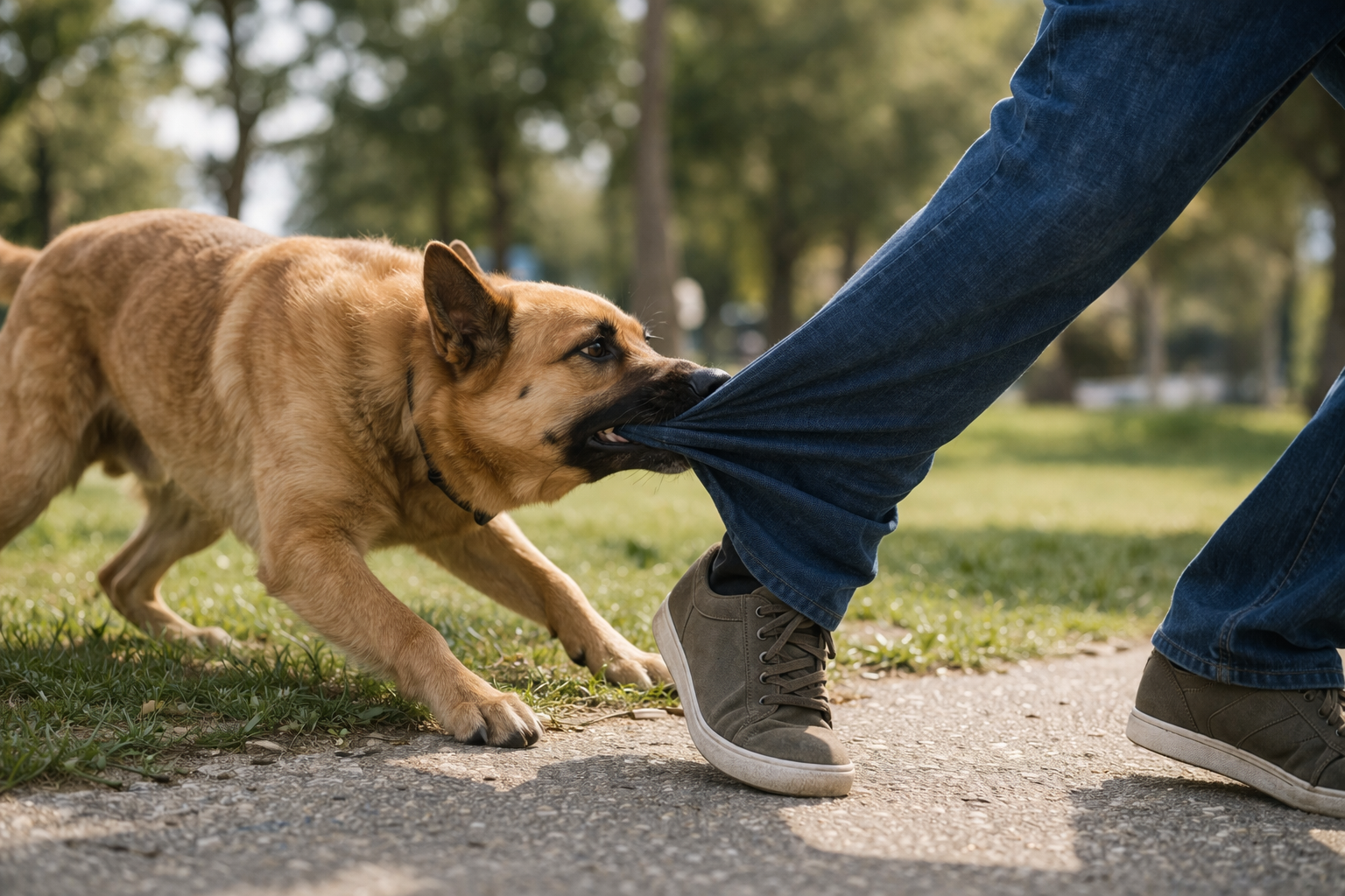 Dog pulling on a person’s pant leg during a dog bite incident in Michigan.