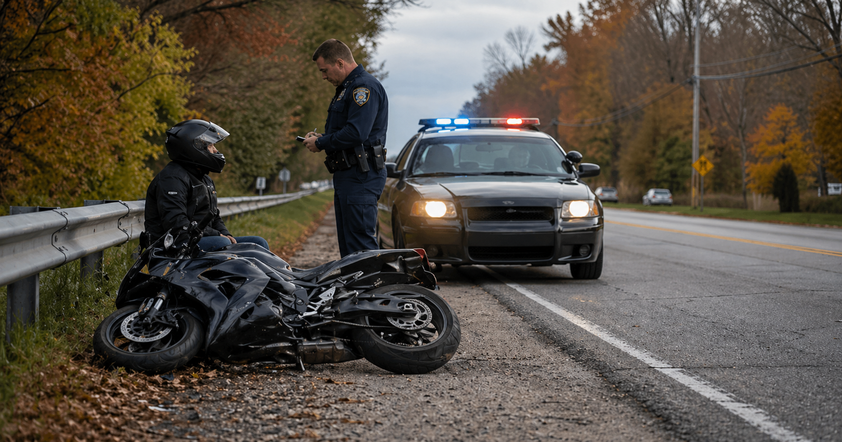 Motorcycle accident scene in Michigan with a damaged motorcycle, rider, and police officer on the side of the road.
