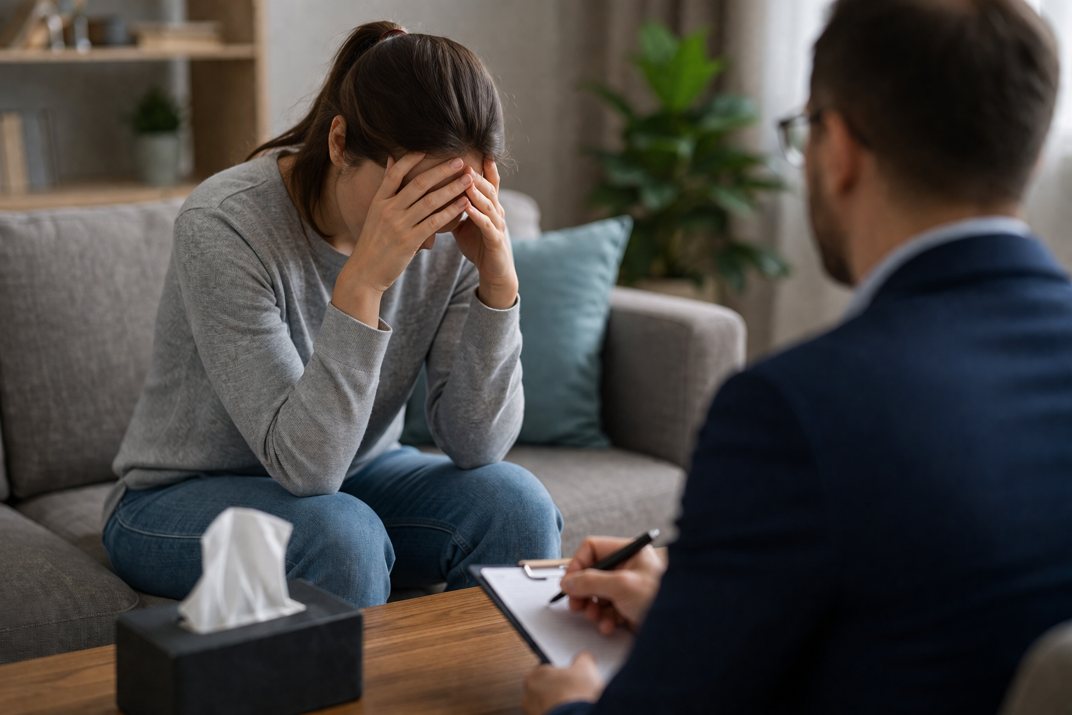 Person experiencing emotional distress after an accident while meeting with a legal professional in Michigan.