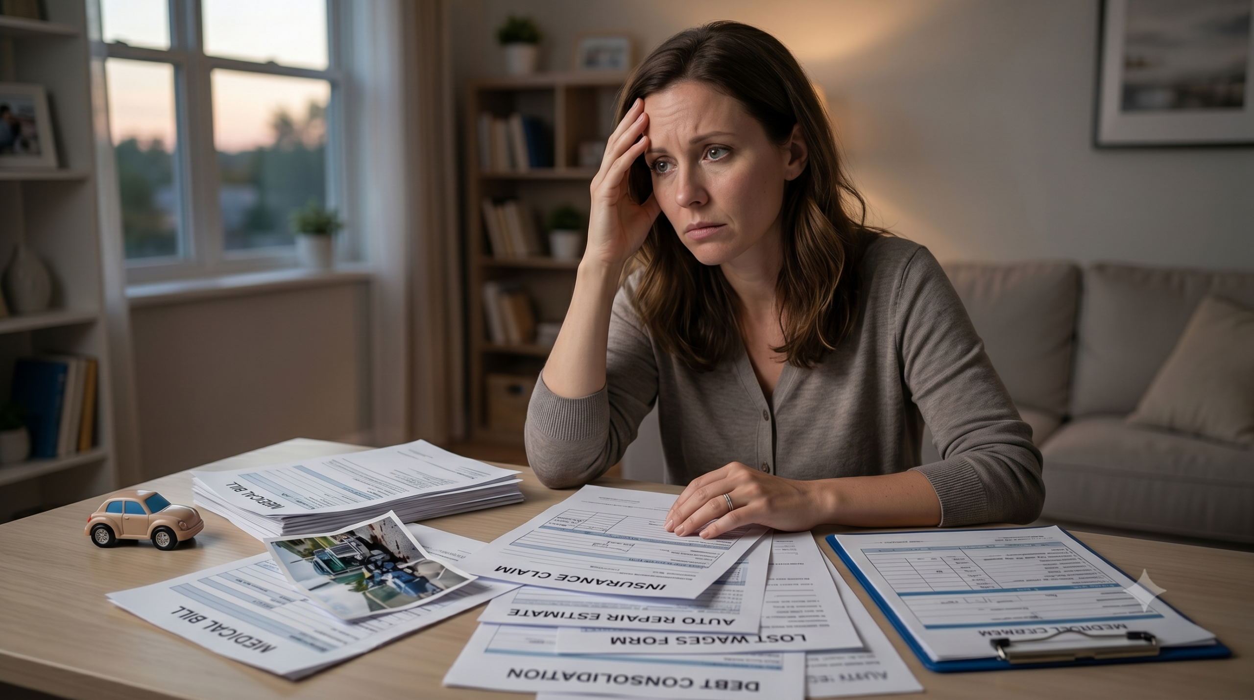 A distressed woman seated at a home desk covered in medical bills, insurance claims, and auto repair estimates. She looks overwhelmed, representing the emotional and financial burden of a car accident beyond physical injuries.