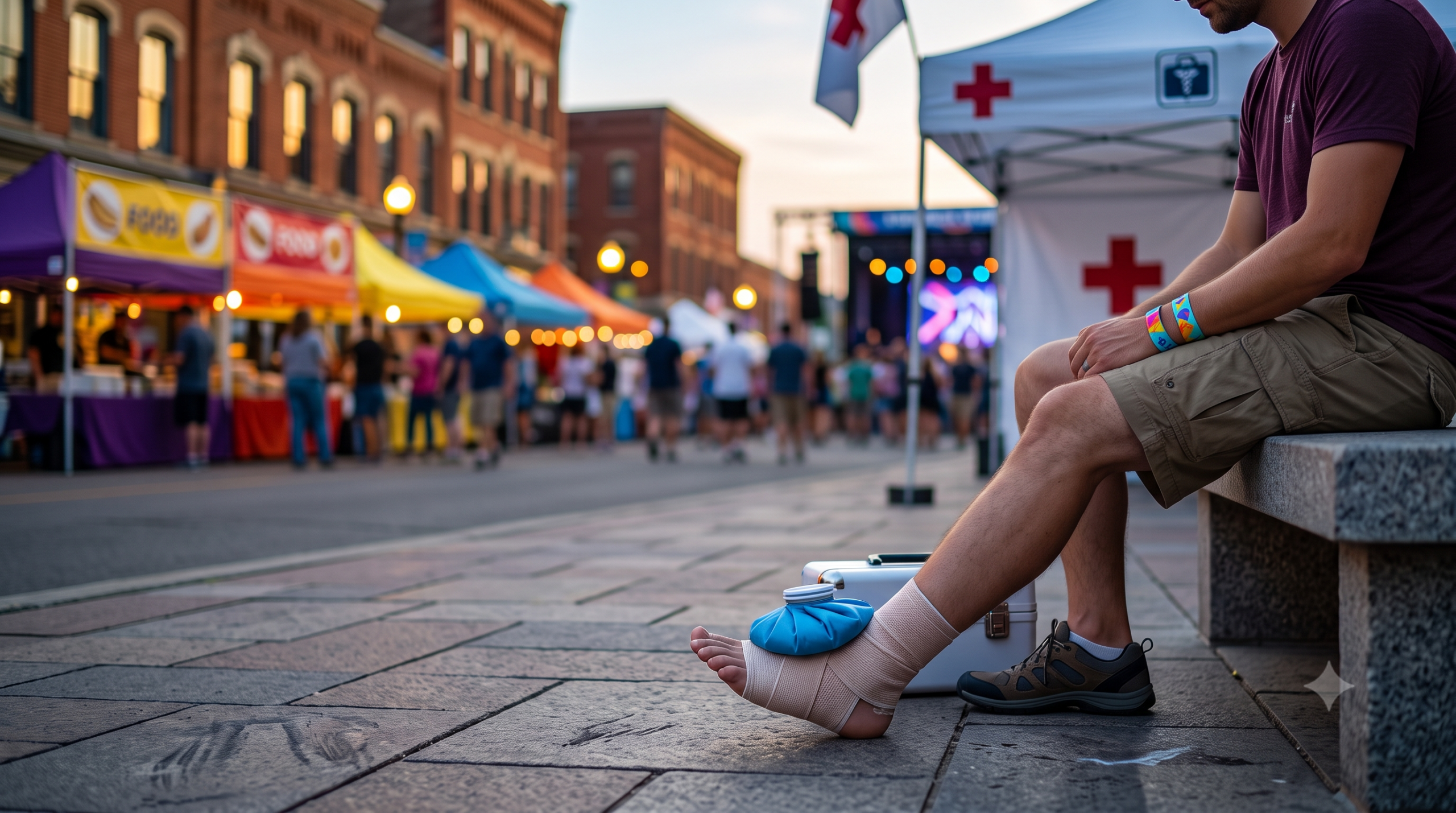 A person with a bandaged ankle and an ice pack sits on a stone bench at a crowded outdoor festival in Michigan, representing premises liability and public event injury claims.