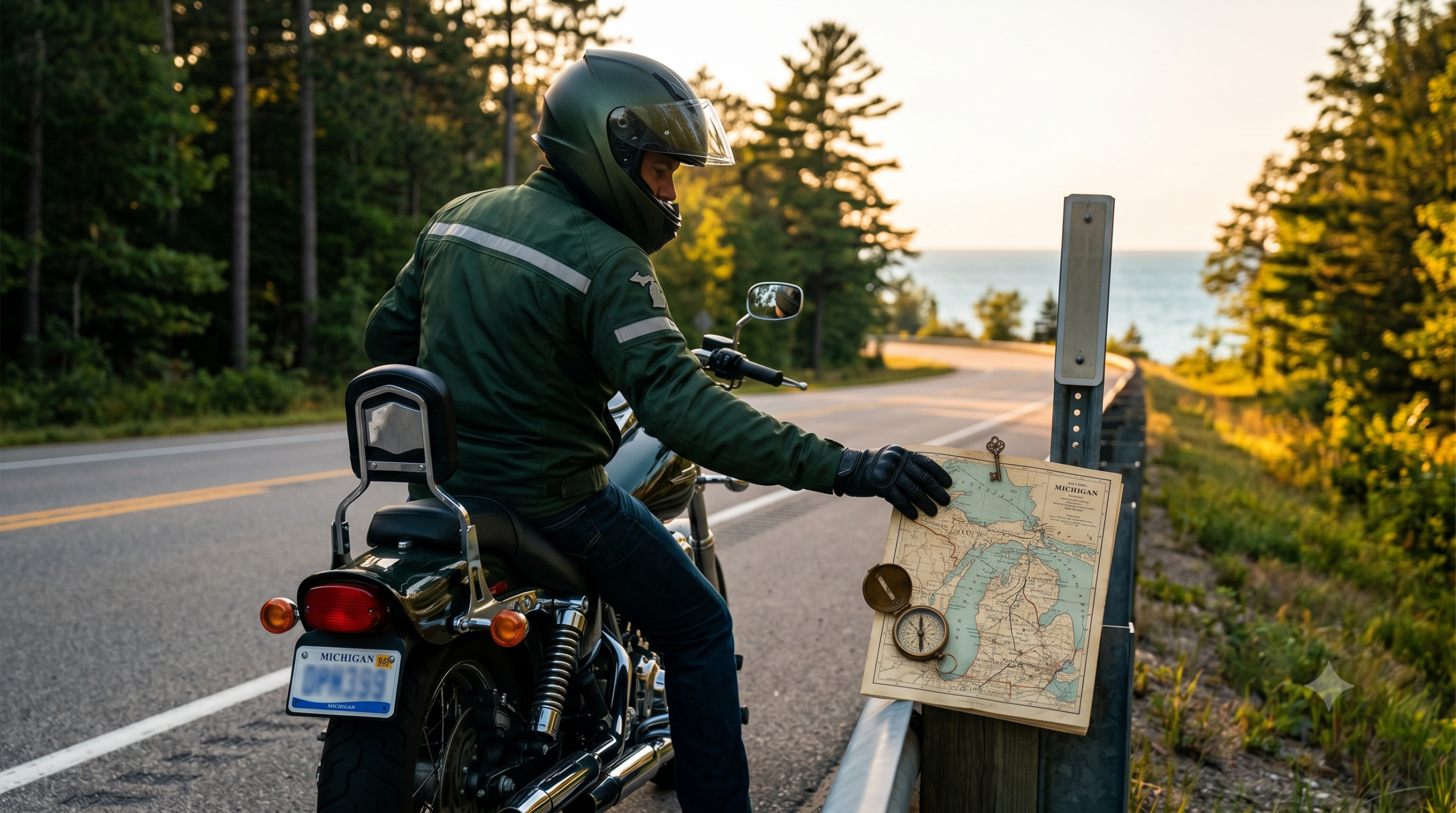 A motorcyclist wearing safety gear stops on a scenic tree-lined Michigan highway during the golden hour, reflecting on a roadside marker with a vintage map and compass, representing motorcycle accident legal complexities.