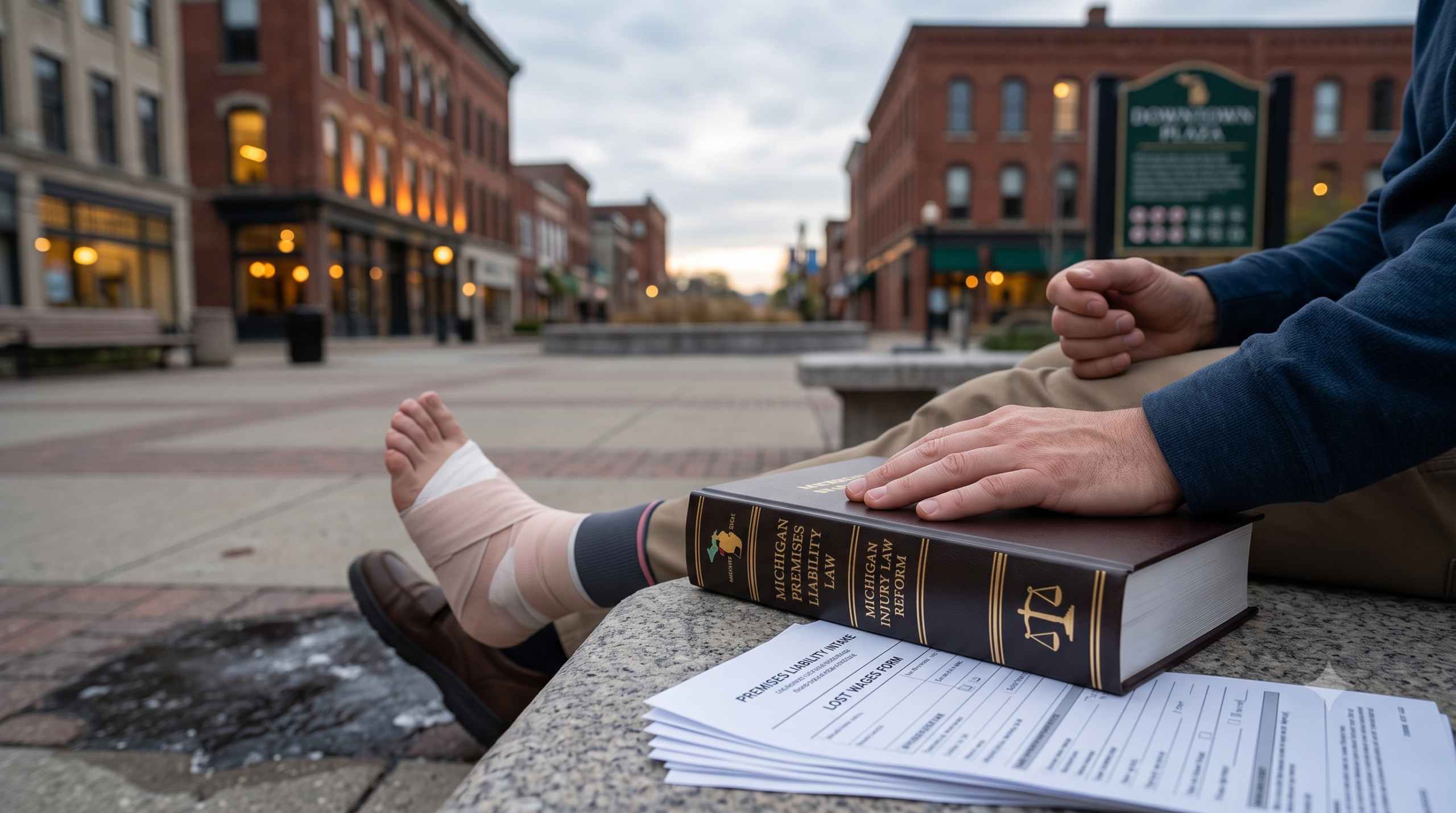 A pensive injured person sitting on a stone bench in a Michigan public plaza during dusk, managing medical bills, generic premises liability forms, and a large legal textbook, with a bandaged ankle and a walking boot near a visible patch of ice.