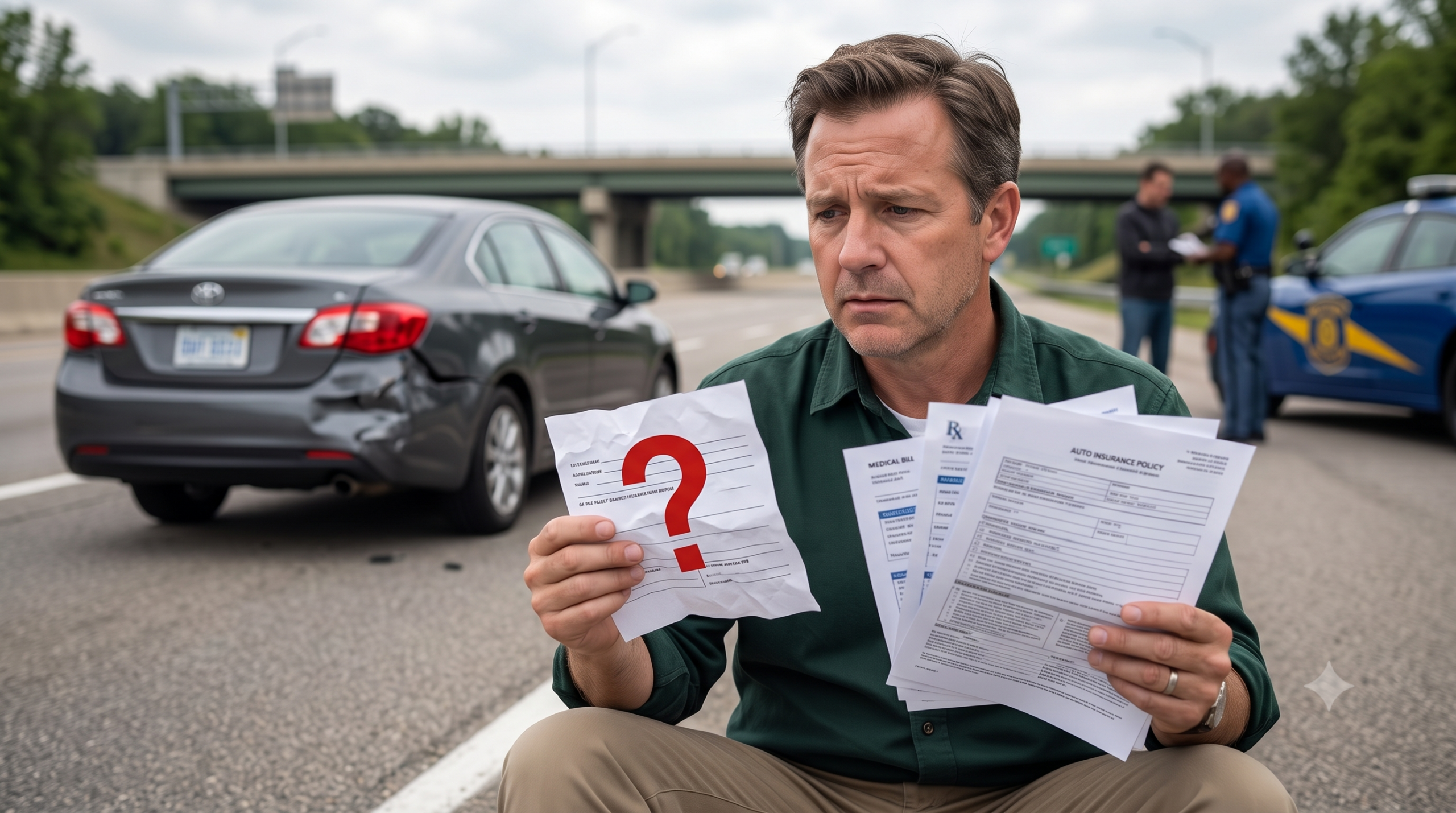A distressed driver on a Michigan highway shoulder looks overwhelmed as they examine their own insurance policy papers and an empty, voided insurance information card for the at-fault driver, with medical bills and a damaged car nearby.