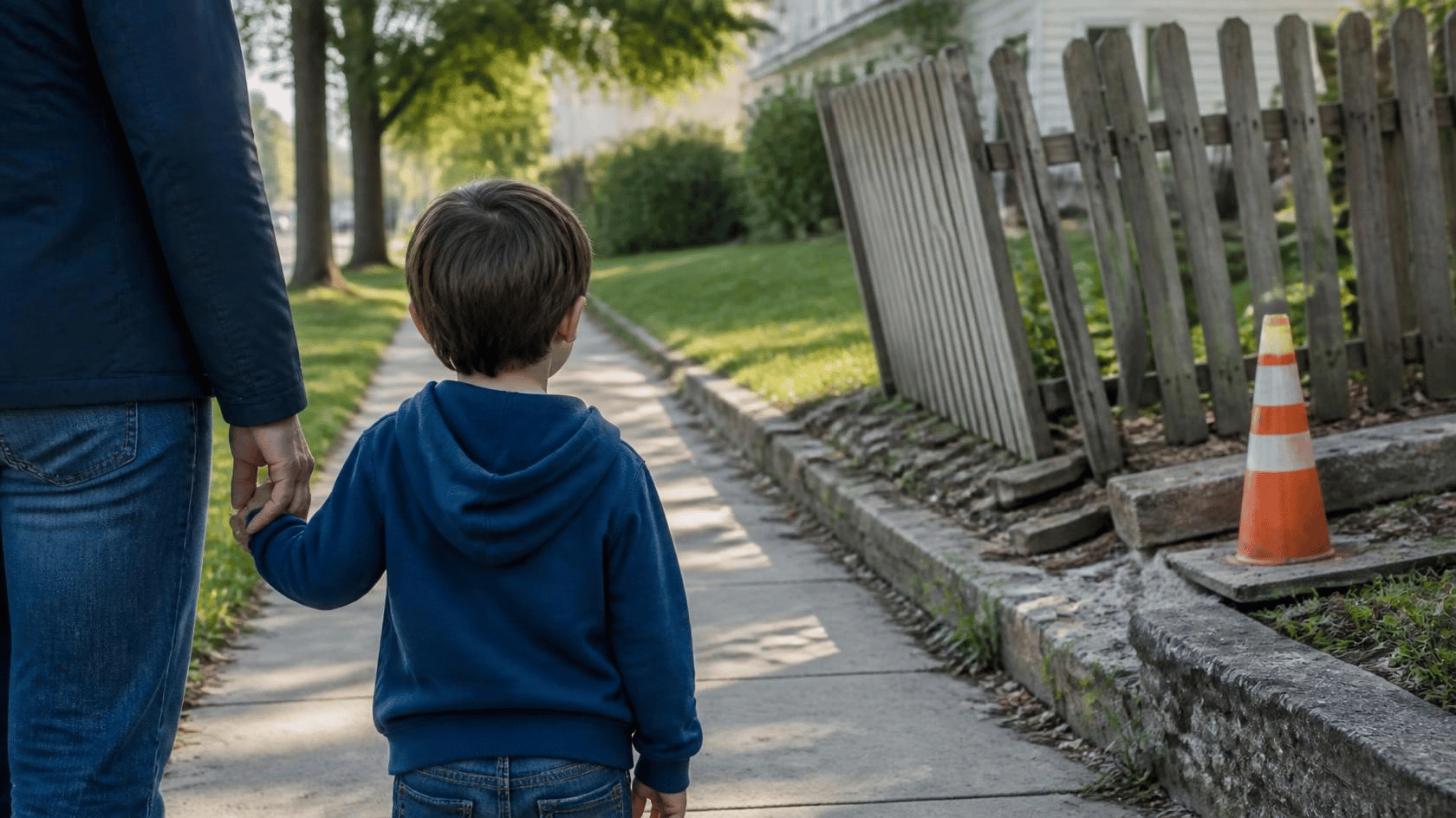 Parent holding a child’s hand near a hazardous walkway after a potential negligence incident