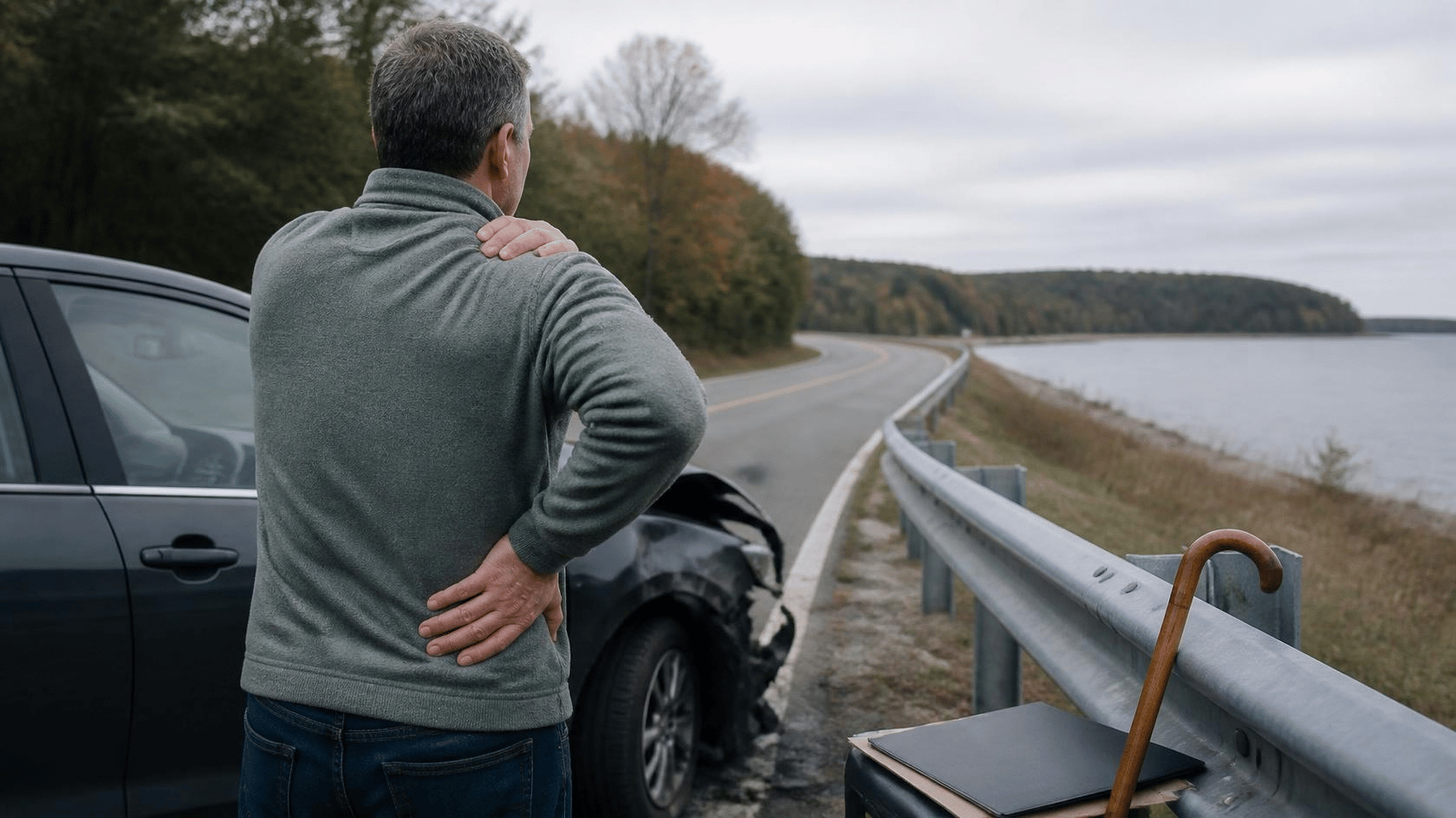 Person holding their back beside a damaged vehicle after a Michigan accident