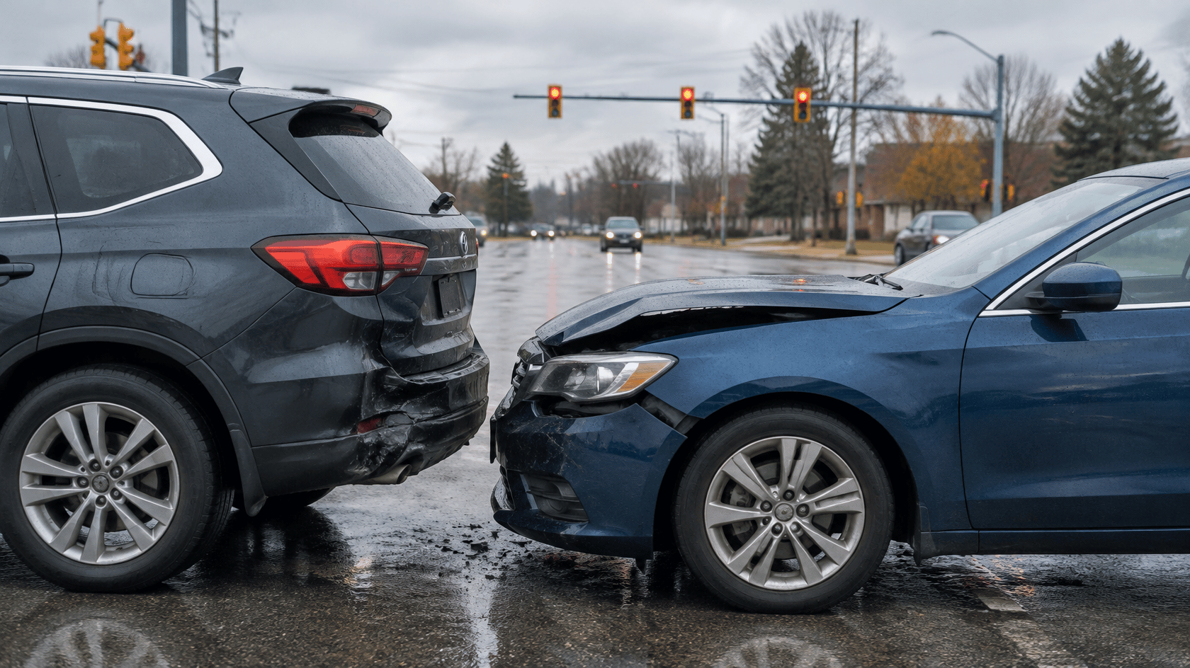 Two vehicles with collision damage after a rear-end accident at a Michigan intersection