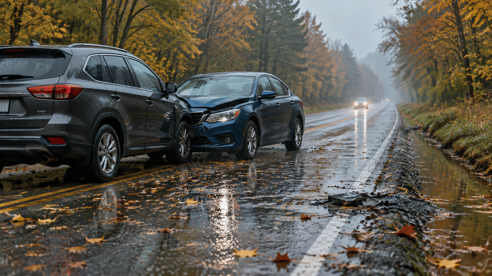 Two vehicles on a wet Michigan road covered with leaves after a car accident